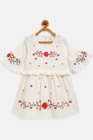 Scouph Girls Off-White & Coral Red Floral Embroidered Cotton Fit & Flare Dress