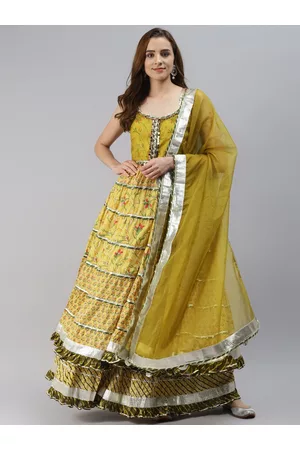 Divena World Women Yellow Ethnic Motifs Embroidered Layered Gotta Patti Pure Cotton Kurta with Skirt & With