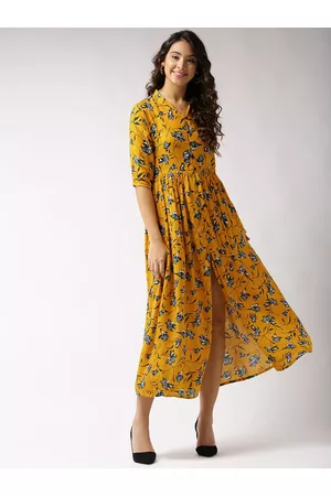Sera Women Mustard Yellow & Black Printed Maxi Dress