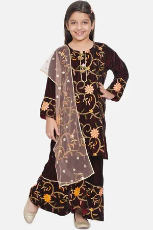 Little Bansi Girls Maroon Floral Embroidered Velvet Kurta with Palazzos & With Dupatta
