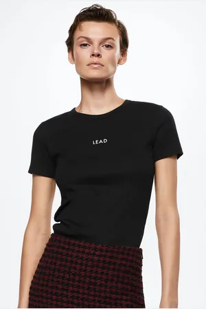 MANGO Women Black Ribbed Sustainable Knitted T-shirt With Typography Detail