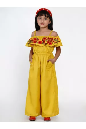 Bhama Girls Mustard Yellow & Red Solid Basic Jumpsuit