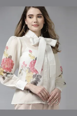 Bhama Couture Off-White & Pink Floral Print Tie-Up Neck Shirt Style Top