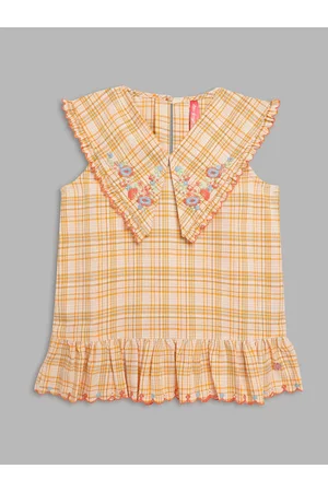 Blue Giraffe Beige & Orange Checked Embroidered Pure Cotton Top