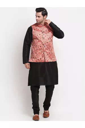 Kraft Men Black Kurta with Churidar & Printed Nehru Jacket