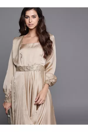 Inddus Beige Satin Solid Flared Gown with Attached Dupatta and Embroidered Belt