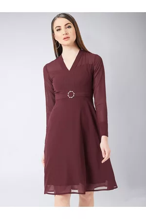 Miss Chase Women Maroon Solid Belted A-Line Dress