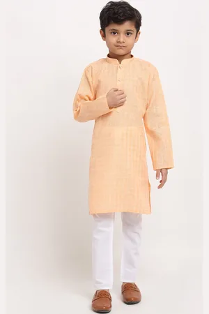 Kraft Boys Peach-Coloured Checked Straight Cotton Kurta