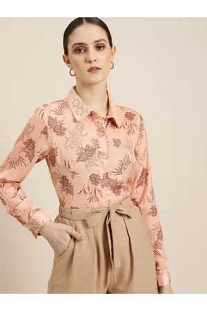 Invictus Women Peach-Coloured & Brown Floral Printed Easy-Iron Casual Shirt