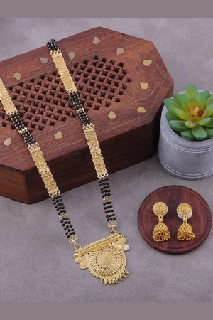 Brandsoon Gold-Plated Black Beaded Mangalsutra With Earrings