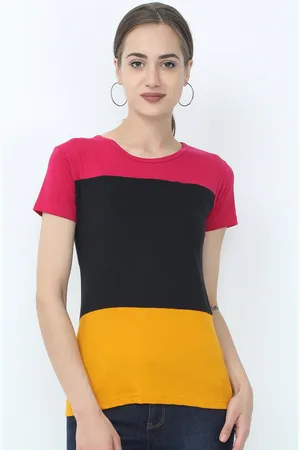 Fleximaa Women Black & Yellow Colourblocked T-shirt
