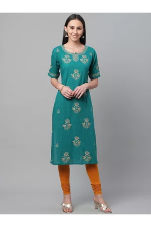 akheri Women Teal Green & Beige Chikankari Embroidered Handloom Straight Kurta