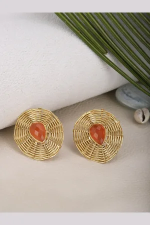 Berserk Gold-Toned Carnelian Studded Teardrop Shaped Studs Earrings