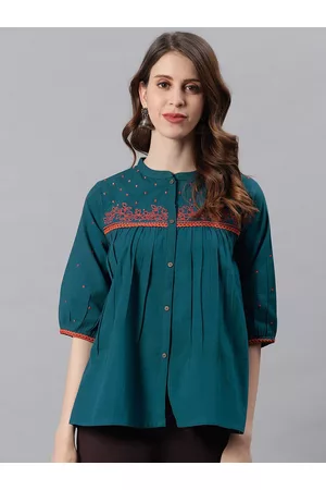 Janasya Women Floral Embroidered Mandarin Collar Puff Sleeves Cotton Regular Top