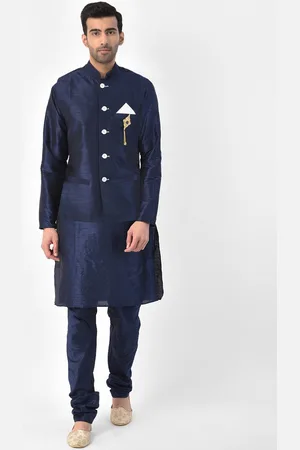 SG LEMAN Men Navy Blue Regular Raw Silk Kurta with Churidar