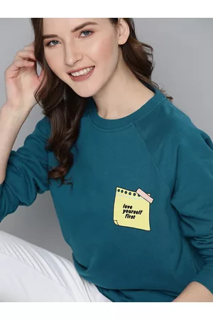 Mast & Harbour Women Teal Green Printed Detail Sweatshirt