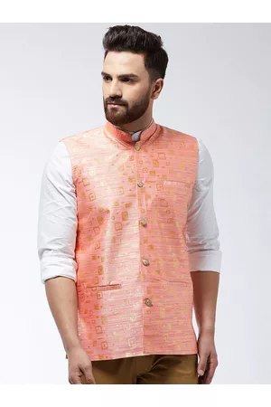 SOJANYA Men Peach- Coloured & Gold-Coloured Woven Design Nehru Jacket