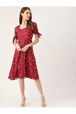 20Dresses Women Maroon & Off-White Floral Print A-Line Dress