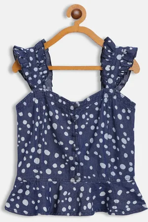 Antheaa Navy Blue & White Printed Smocked Denim Top