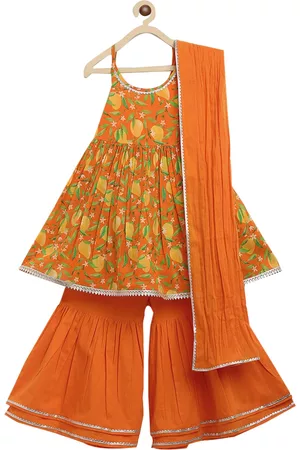 Tiber Taber Girls Orange Printed Pleated Pure Cotton Kurti with Skirt & With Dupatta