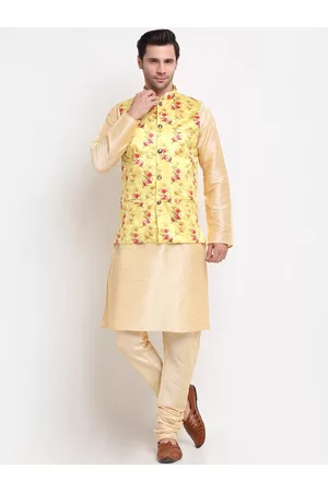 Kraft Men Beige & Yellow Solid Regular Kurta With Churidar & Printed Nehru Jacket