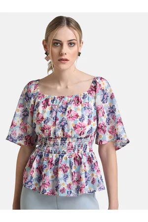 Kazo Women White & Multicoloured Floral Print Cinched Waist Top