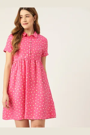 DressBerry Pink & Yellow Polka Dots Print Textured Knit Shirt Dress