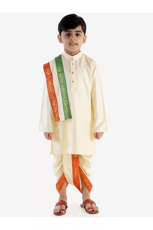 Vastramay Boys Gold-Toned Ethnic Motifs Regular Kurta with Dhoti Pants With Dupatta Set