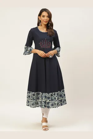 FABRIC FITOOR Women Navy Blue & Off-White Floral Detail A-Line Kurta