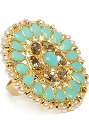 Kord Store Turquoise Green Gold Plated Kundan Studded Adjustable Finger Ring