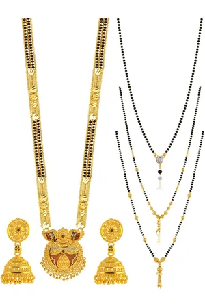Brandsoon Set Of 4 Gold-Plated Black Beaded Mangalsutra With Earring Set
