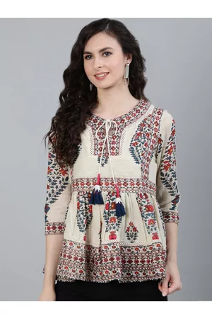 Ishin Off White & Red Floral Tie-Up Neck Applique Empire Top