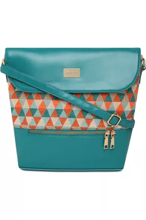 KLEIO Women Olive Green & Orange Jacquard & PU Coated Sling Bag