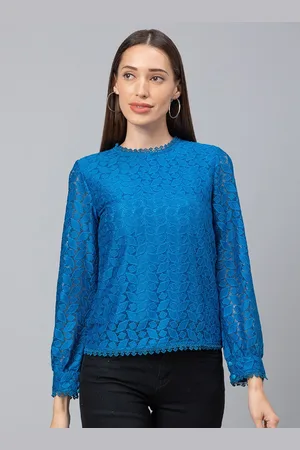 Globus Blue Women Long Sleeves Round Neck Lace Self Design Top