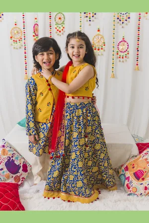 pspeaches Girls Navy Blue & Yellow Cotton Ready to Wear Lehenga & Blouse With Dupatta