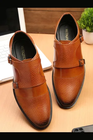MUTAQINOTI Men Tan Textured Patent Leather Formal Monk Shoes