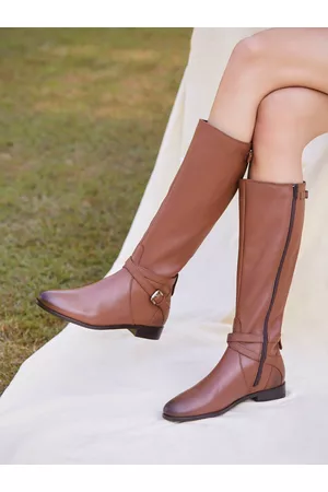 SAINT G. Women Tan Brown Leather Buckle Detail Long Boots