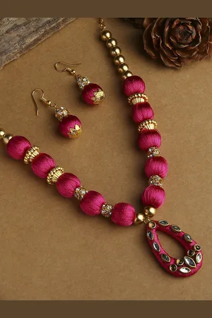 Akshara Clothing Girls Pink & Golden Ethnic Handcrafted Silk Thread Necklace Set