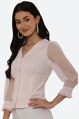 RAASSIO Women Pink Solid Net Sleeves Cotton Top