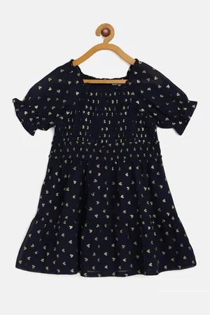 Cherry Crumble Girls Navy Blue & Gold Heart Print Pleated Detail Tiered Fit & Flare Dress