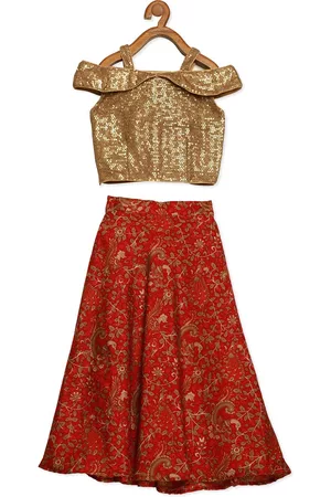 Ethnovog Girls Gold-Toned Maroon Embellished Made to Measure Lehenga Blouse