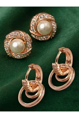Ami Rose Gold Toned & Rose Gold Plated Set of 2 Contemporary Studs and Drop Earrings