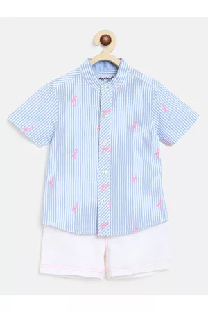 Nauti Nati Boys Blue & White Striped Pure Cotton Shirt with Shorts