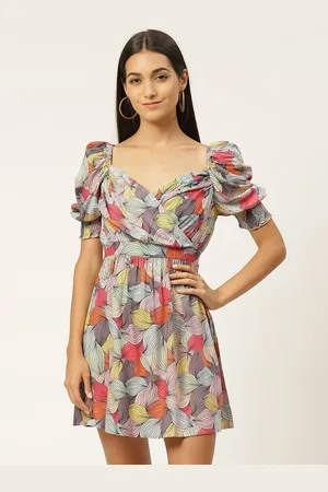 IQRAAR Women Pink & Grey Tropical Printed Fit & Flare Dress