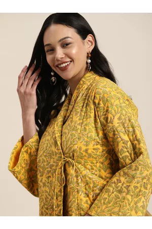 Taavi Women Mustard Yellow Sanganeri Floral Printed Tailored Jacket
