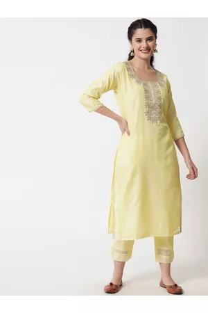 Aujjessa Women Yellow Embroidered Thread Work Chanderi Silk Kurta with Trousers