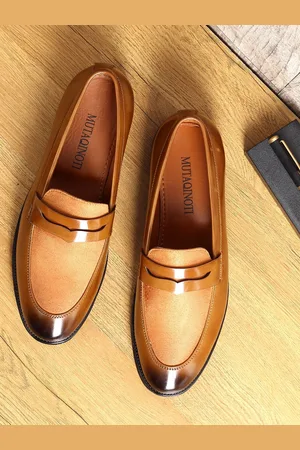 MUTAQINOTI Men Tan Colourblocked Patent Leather Loafers