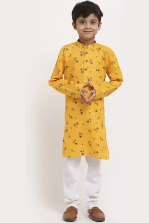 Kraft Boys Yellow Floral Printed Regular Pure Cotton Kurta with Pyjamas