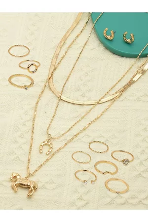 Ami Women Gold-Plated Layered Necklace Chains & Rings Set