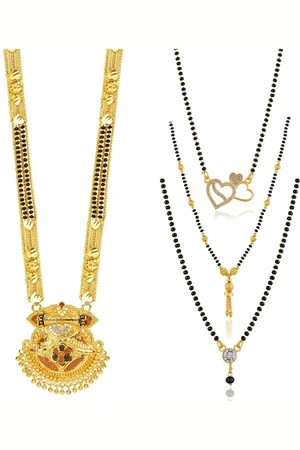 Brandsoon Set Of 4 Gold-Toned & Black Gold Plated Beaded Mangalsutra